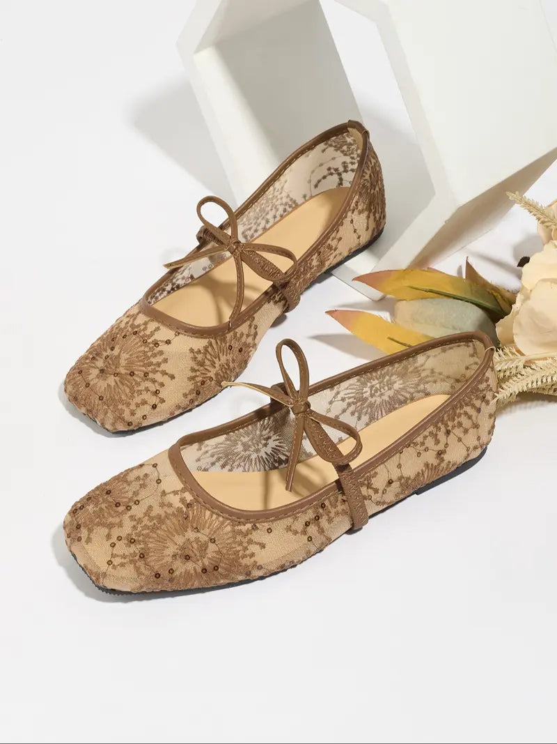 Embroidered Mesh Ballet Flats