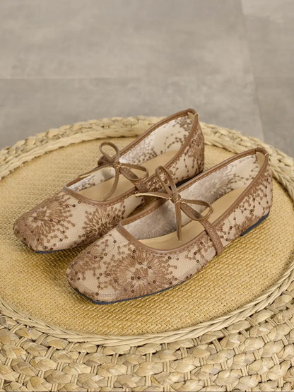 Embroidered Mesh Ballet Flats