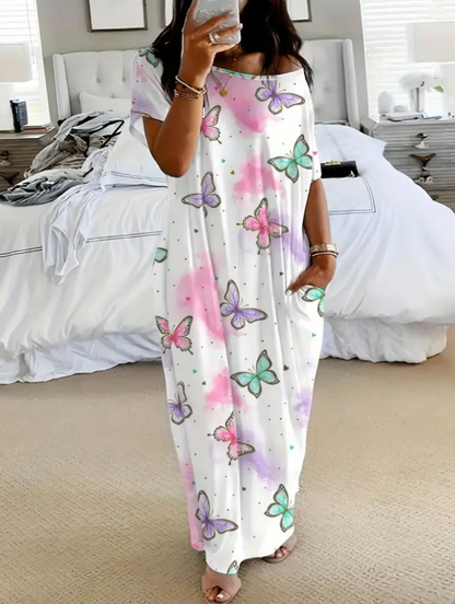 Women’s Star Print Pocket Nightdress – Soft Loose Fit Lounge Dress
