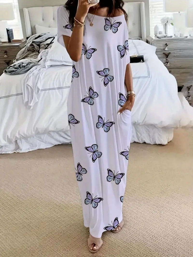Women’s Star Print Pocket Nightdress – Soft Loose Fit Lounge Dress
