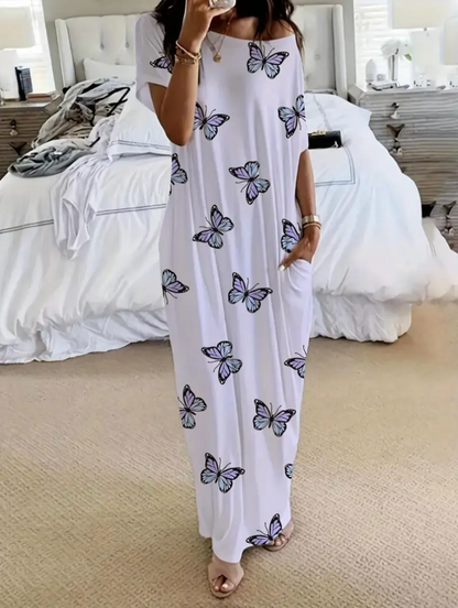 Women’s Star Print Pocket Nightdress – Soft Loose Fit Lounge Dress